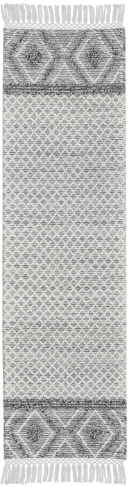 8' Gray and Ivory Geometric Hand Woven Runner Rug With Fringe