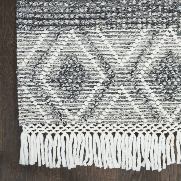 8' Gray and Ivory Geometric Hand Woven Runner Rug With Fringe