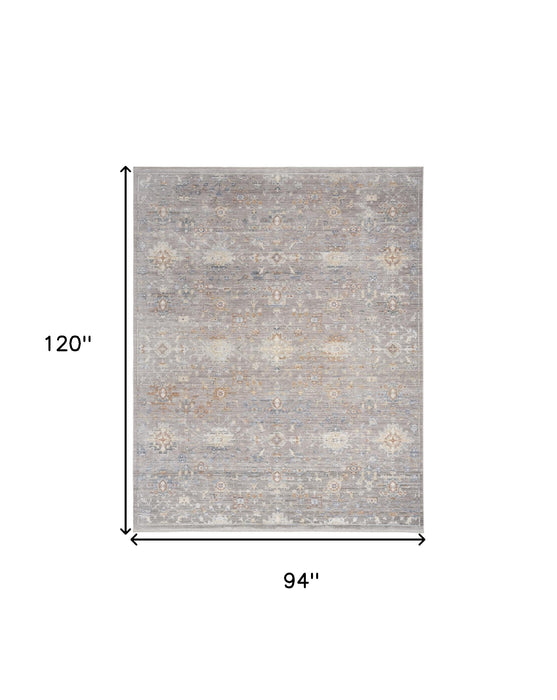 8' X 10' Ivory Blue and Gray Oriental Power Loom Distressed Area Rug With Fringe