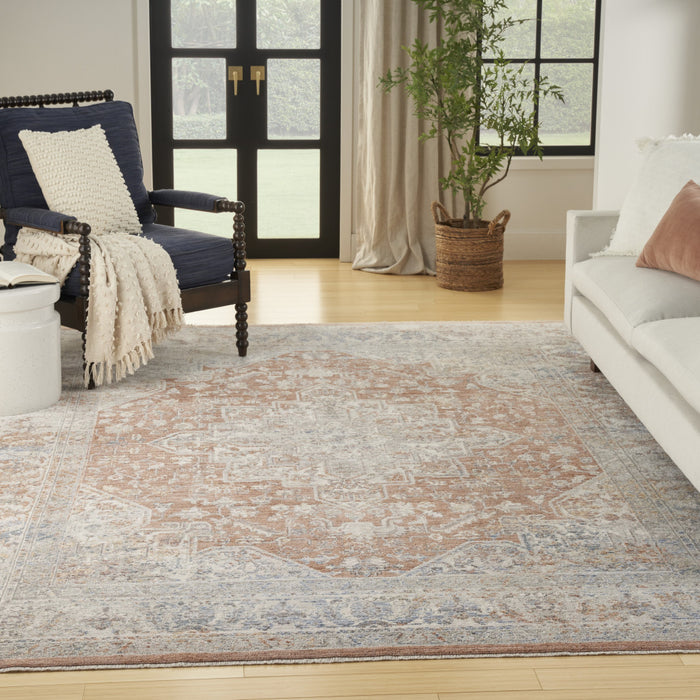 8' X 10' Brown and Blue Oriental Power Loom Distressed Area Rug With Fringe