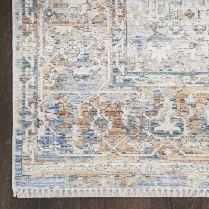 8' X 10' Ivory Blue and Orange Oriental Power Loom Distressed Area Rug With Fringe