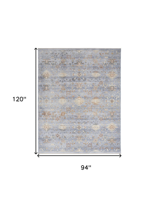 8' X 10' Blue and Ivory Oriental Power Loom Distressed Area Rug With Fringe