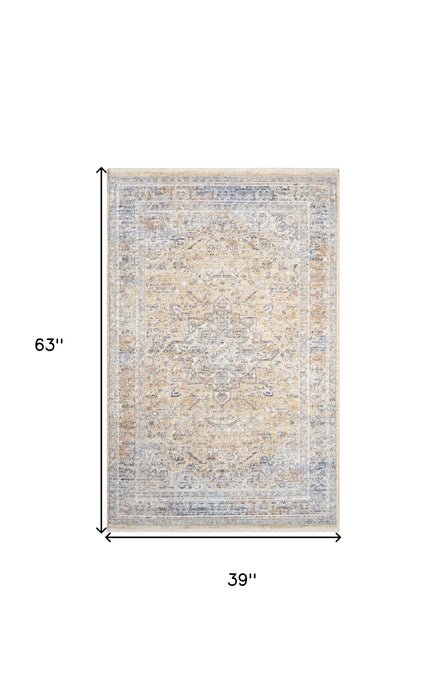 3' X 5' Gray and Gold Oriental Power Loom Distressed Area Rug