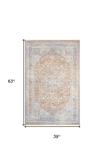 3' X 5' Brown and Blue Oriental Power Loom Distressed Area Rug