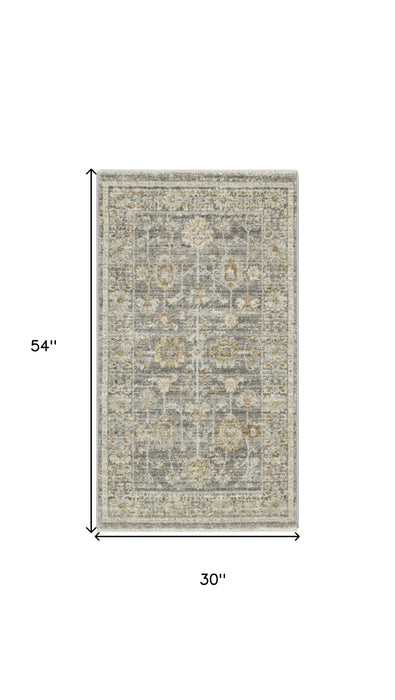 3' X 5' Beige Ivory and Gray Oriental Power Loom Distressed Area Rug With Fringe