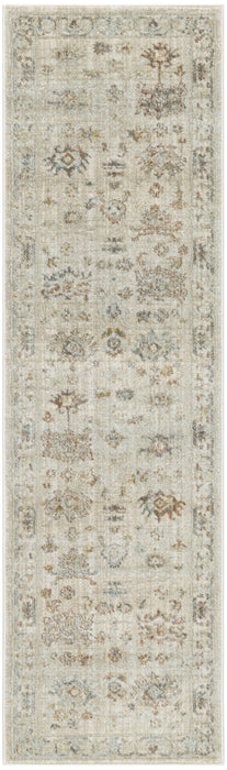 8' Beige and Brown Oriental Power Loom Distressed Runner Rug With Fringe