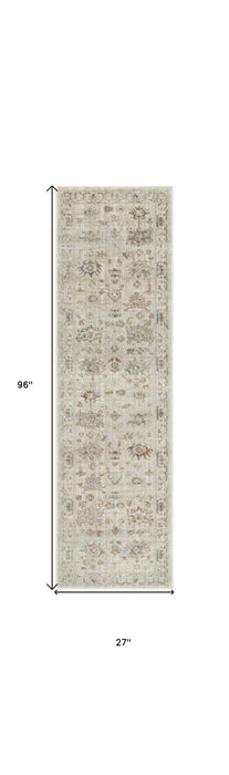 8' Beige and Brown Oriental Power Loom Distressed Runner Rug With Fringe