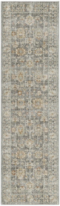 8' Beige Ivory and Gray Oriental Power Loom Distressed Runner Rug With Fringe