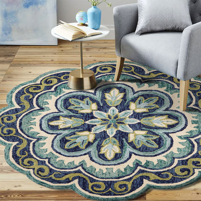 4' Blue Round Wool Floral Hand Tufted Area Rug