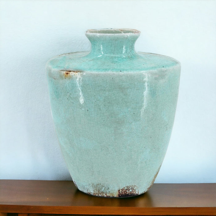 12" Aqua Terracotta Crackle Glaze Round Table Vase