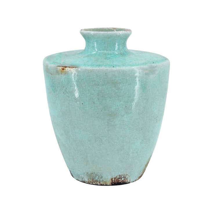 12" Aqua Terracotta Crackle Glaze Round Table Vase