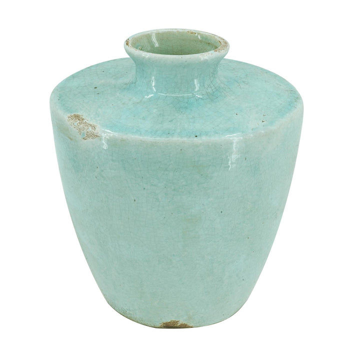 12" Aqua Terracotta Crackle Glaze Round Table Vase