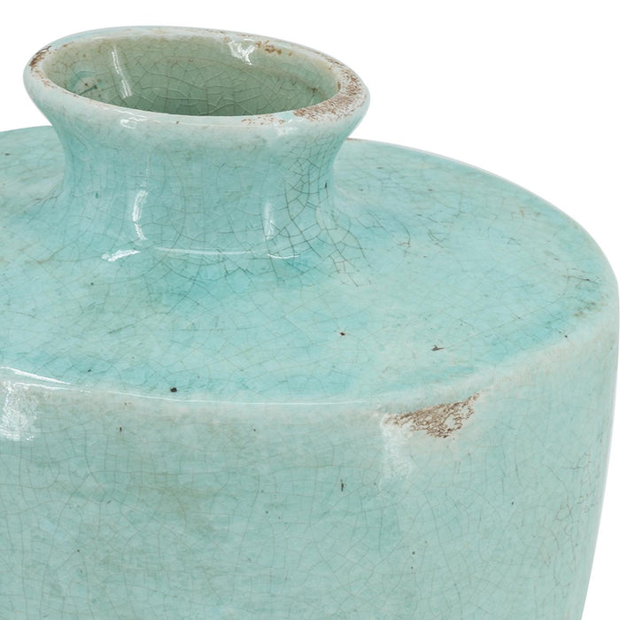 12" Aqua Terracotta Crackle Glaze Round Table Vase