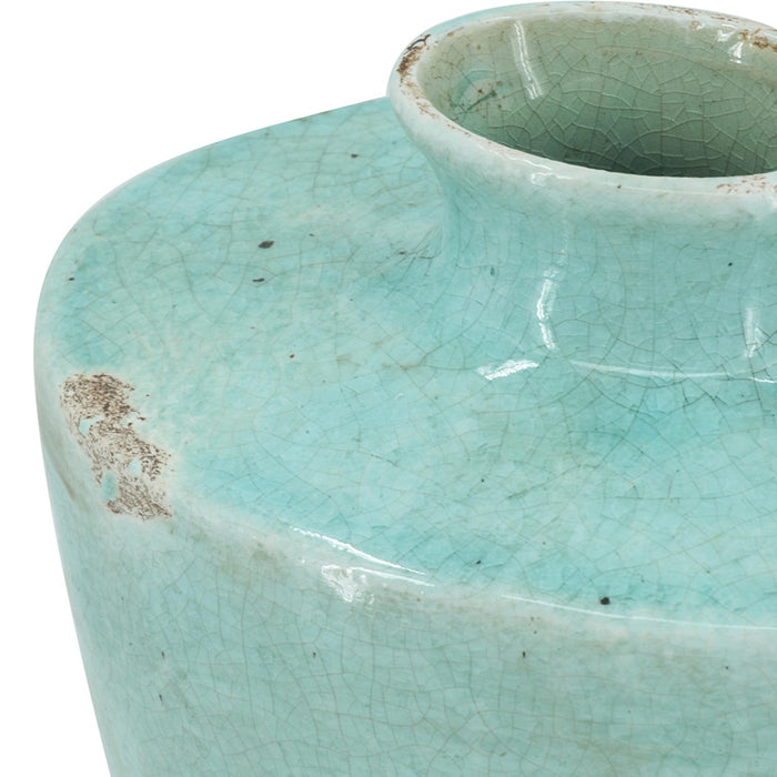 12" Aqua Terracotta Crackle Glaze Round Table Vase