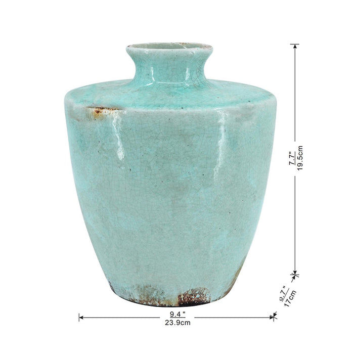 12" Aqua Terracotta Crackle Glaze Round Table Vase