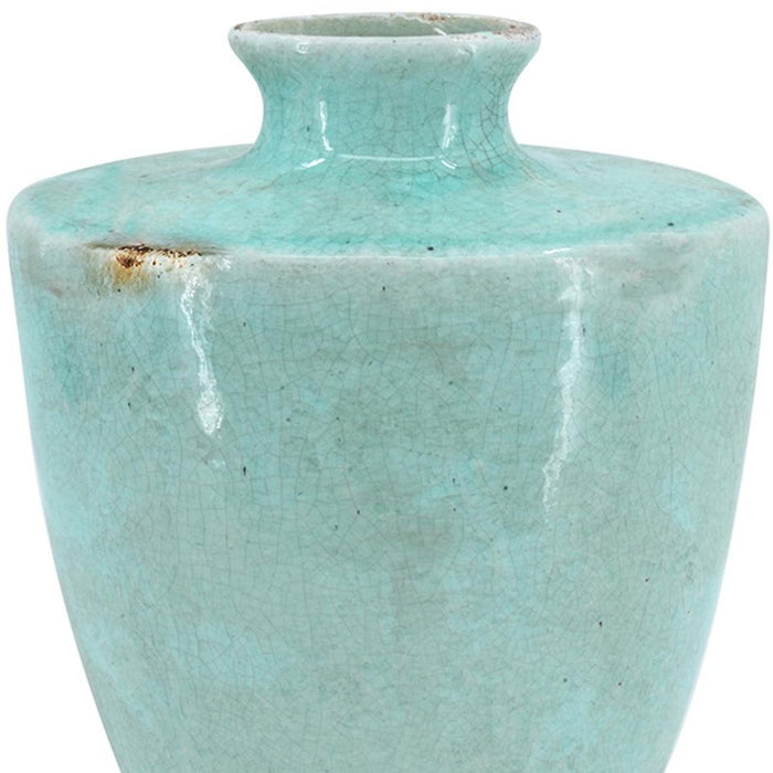 12" Aqua Terracotta Crackle Glaze Round Table Vase