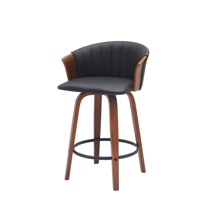 26" Black and Wood Brown Faux Leather with Solid Wood Swivel Counter Height Bar Chair