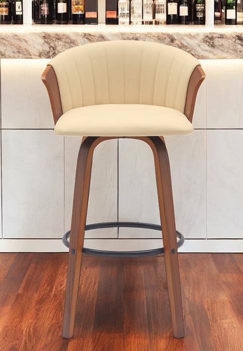 30" Cream And Wood Brown Faux Leather Swivel Bar Height Bar Chair