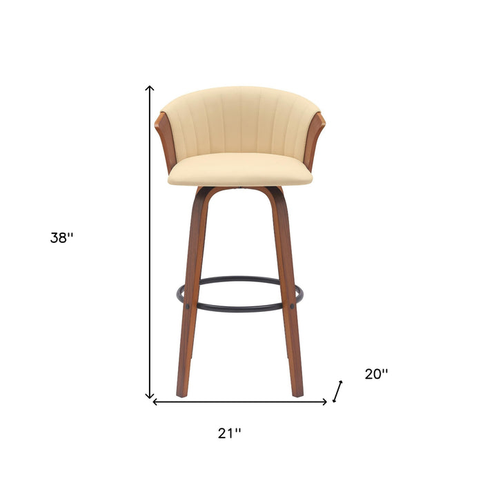 30" Cream And Wood Brown Faux Leather Swivel Bar Height Bar Chair