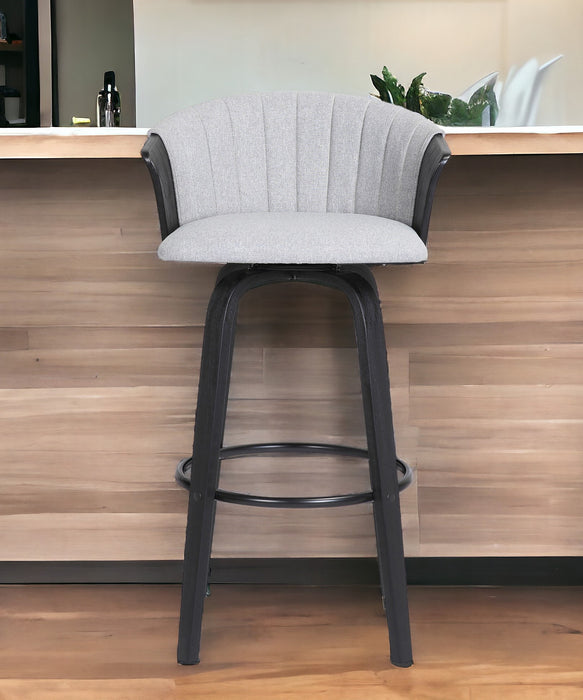 30" Light Gray And Black Fabric Swivel Bar Height Bar Chair