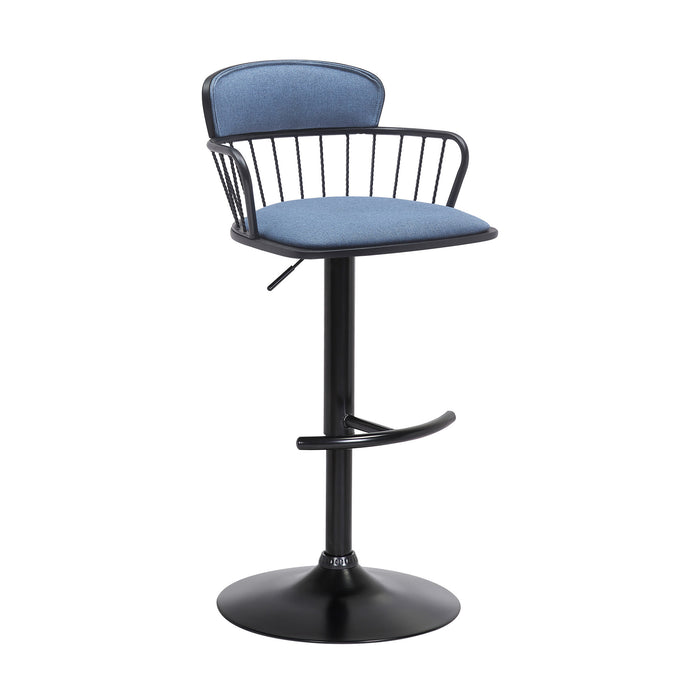 Blue and Black Fabric with Metal Swivel Low Back Adjustable Height Bar Chair