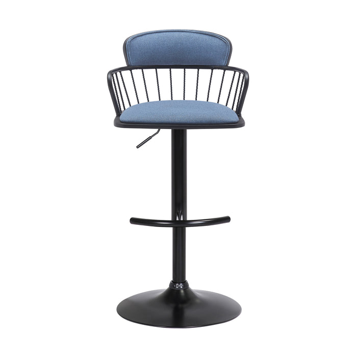 Blue and Black Fabric with Metal Swivel Low Back Adjustable Height Bar Chair