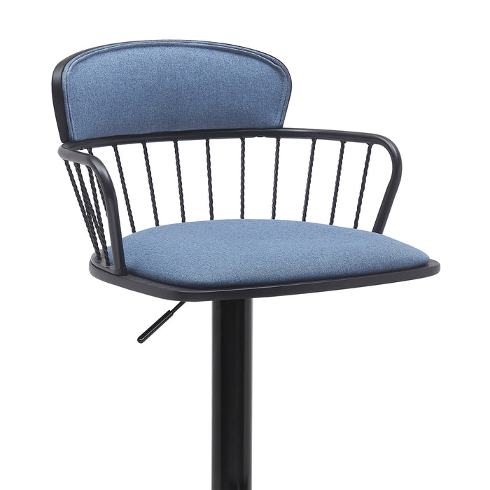 Blue and Black Fabric with Metal Swivel Low Back Adjustable Height Bar Chair