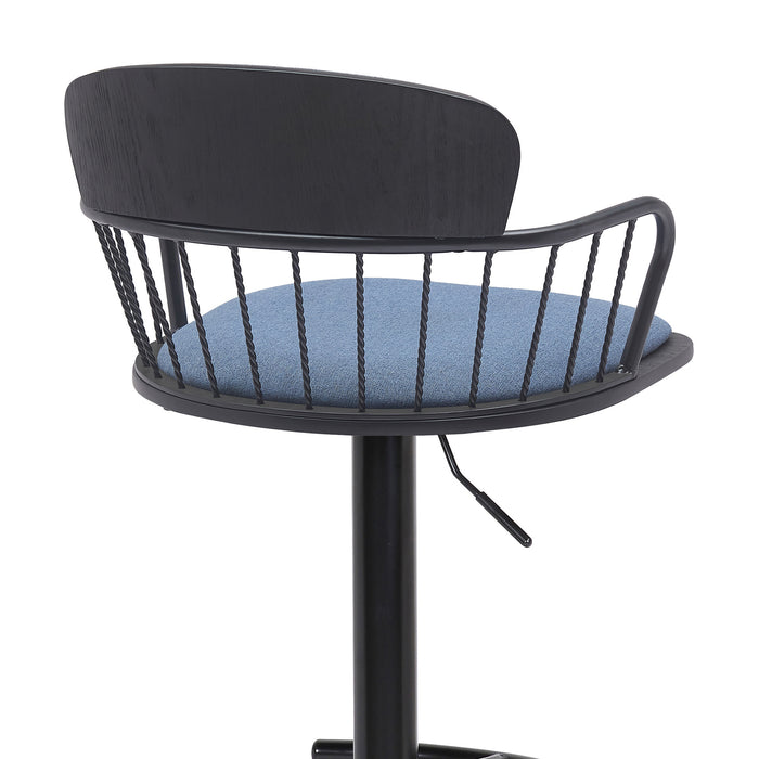 Blue and Black Fabric with Metal Swivel Low Back Adjustable Height Bar Chair