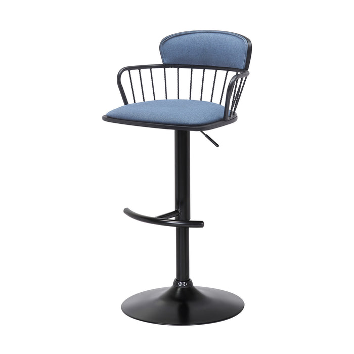 Blue and Black Fabric with Metal Swivel Low Back Adjustable Height Bar Chair