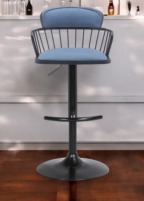 Blue and Black Fabric with Metal Swivel Low Back Adjustable Height Bar Chair