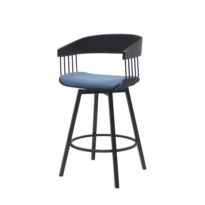 27" Blue and Black Fabric with Metal Swivel Counter Height Bar Chair