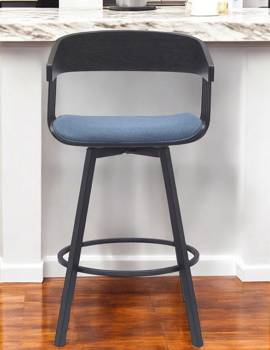 27" Blue and Black Fabric with Metal Swivel Counter Height Bar Chair