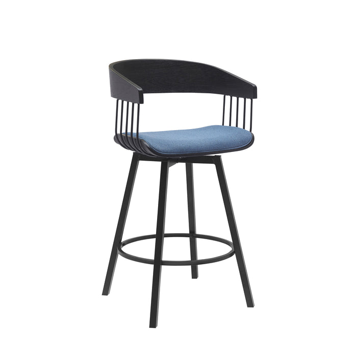 27" Blue and Black Fabric with Metal Swivel Counter Height Bar Chair