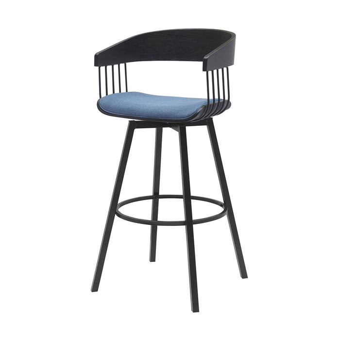 31" Blue and Black Fabric with Metal Swivel Bar Height Bar Chair