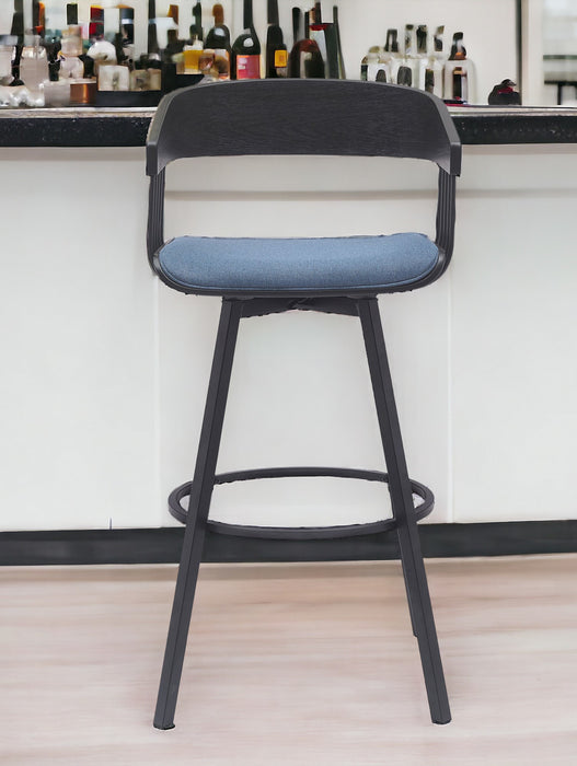 31" Blue and Black Fabric with Metal Swivel Bar Height Bar Chair