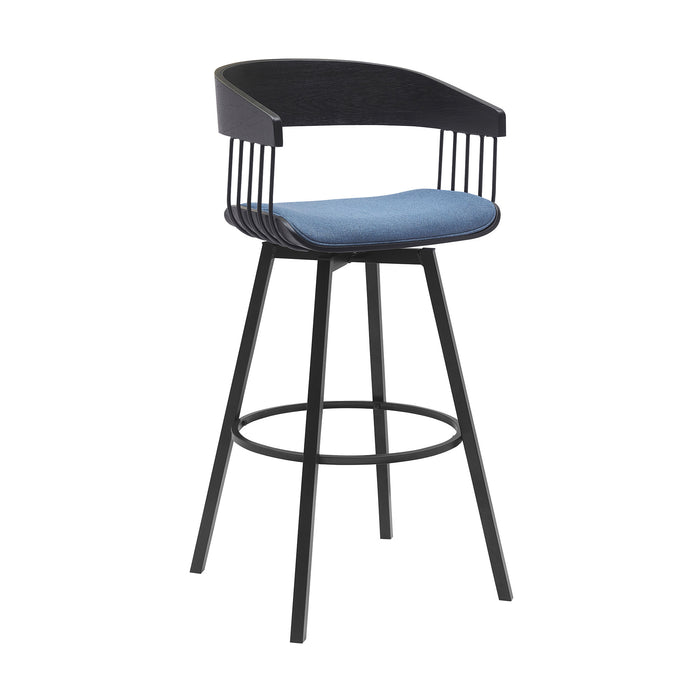 31" Blue and Black Fabric with Metal Swivel Bar Height Bar Chair