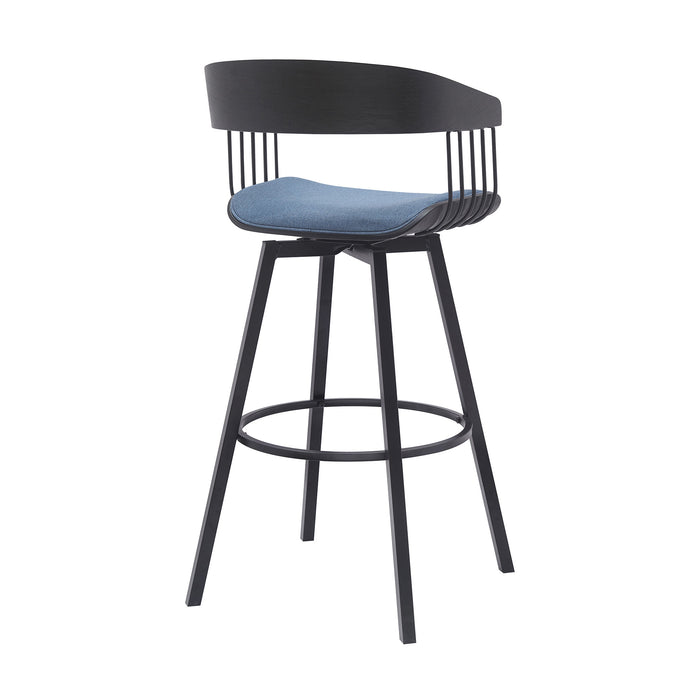 31" Blue and Black Fabric with Metal Swivel Bar Height Bar Chair