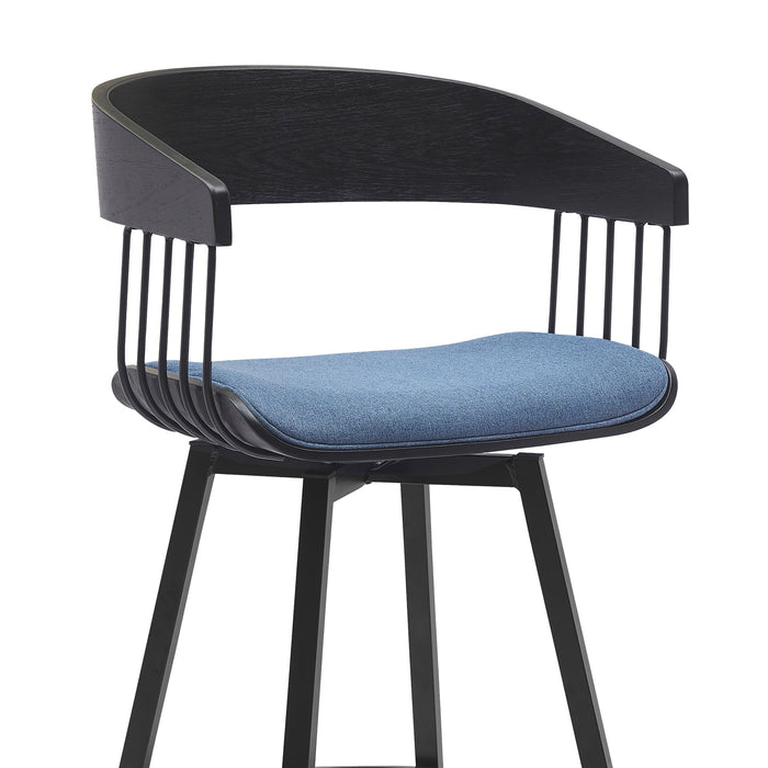 31" Blue and Black Fabric with Metal Swivel Bar Height Bar Chair