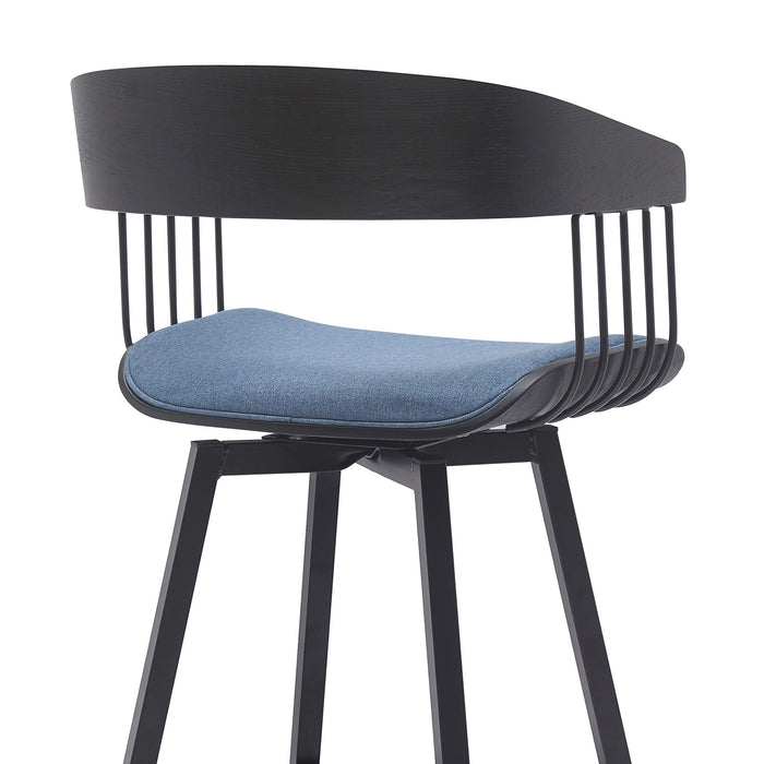 31" Blue and Black Fabric with Metal Swivel Bar Height Bar Chair