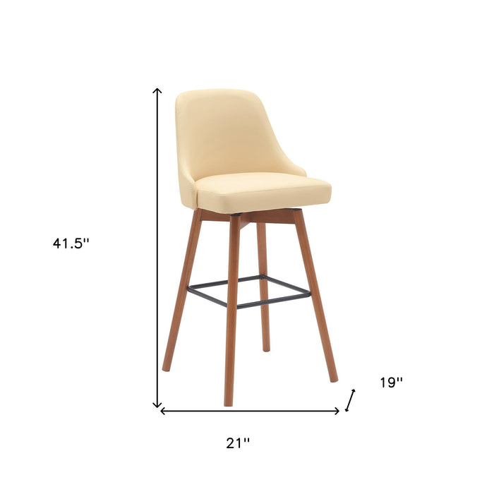 30" Cream and Wood Brown Faux Leather with Solid Wood Swivel Bar Height Bar Chair