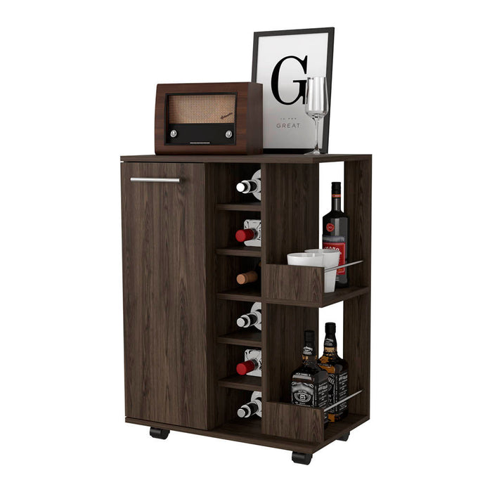 Brown Rolling Bar Cart With Wine Storage