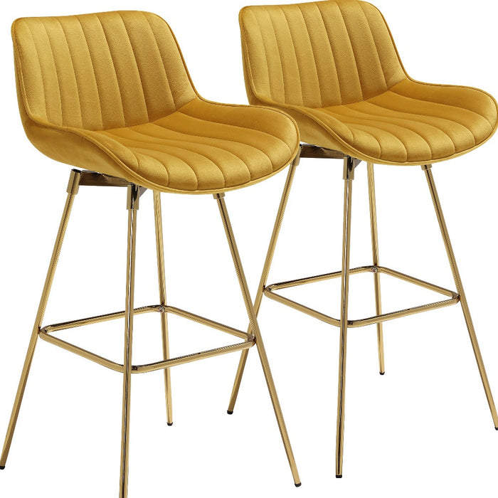 Set of Two 29" Yellow and Gold Velvet and Metal Low Back Bar Height Swivel Bar Chairs