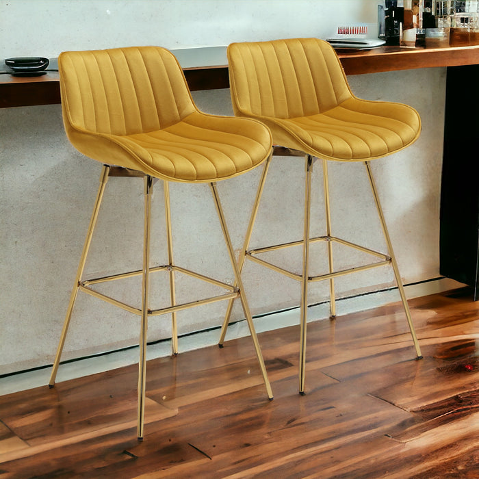 Set of Two 29" Yellow and Gold Velvet and Metal Low Back Bar Height Swivel Bar Chairs