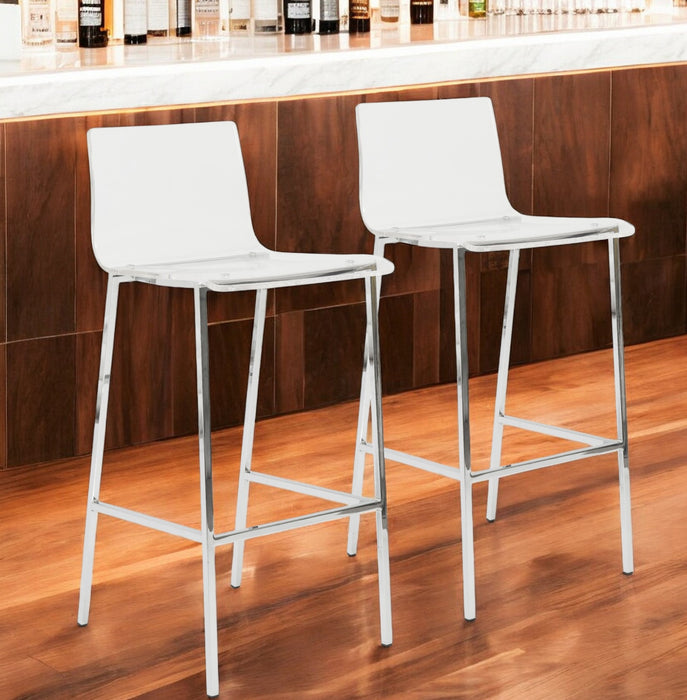 Set of Two 30" Clear And Silver Acrylic And Steel Low Back Bar Height Bar Chairs