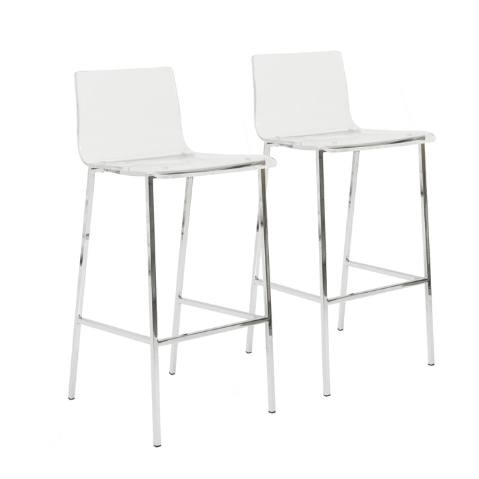 Set of Two 30" Clear And Silver Acrylic And Steel Low Back Bar Height Bar Chairs