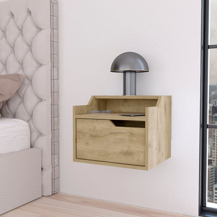 13" Beige One Drawer Faux Wood Floating Nightstand