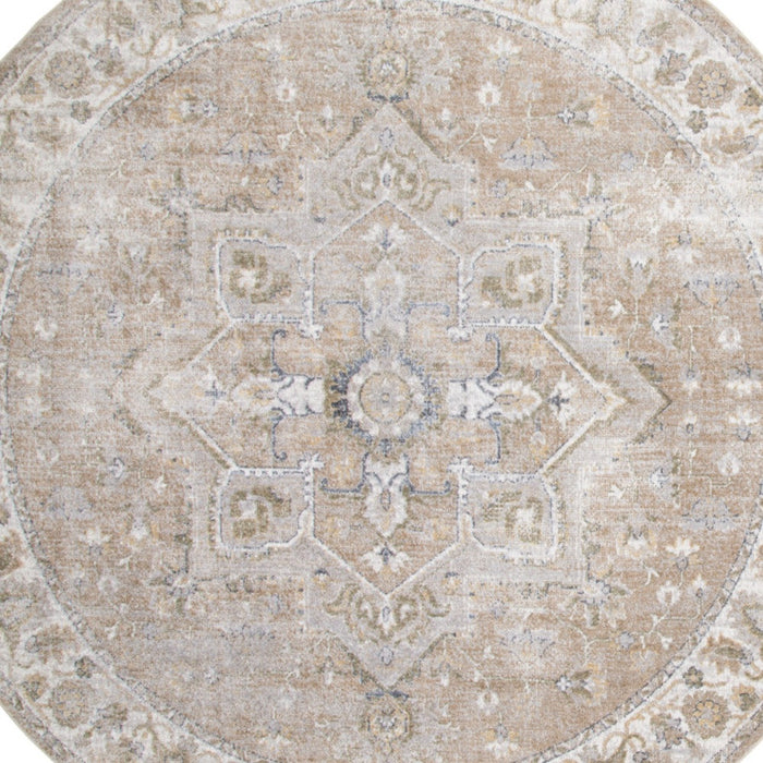 5' Beige and Ivory Round Floral Medallion Power Loom Washable Area Rug