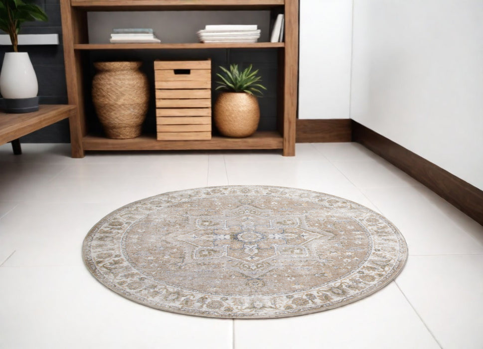 5' Beige and Ivory Round Floral Medallion Power Loom Washable Area Rug