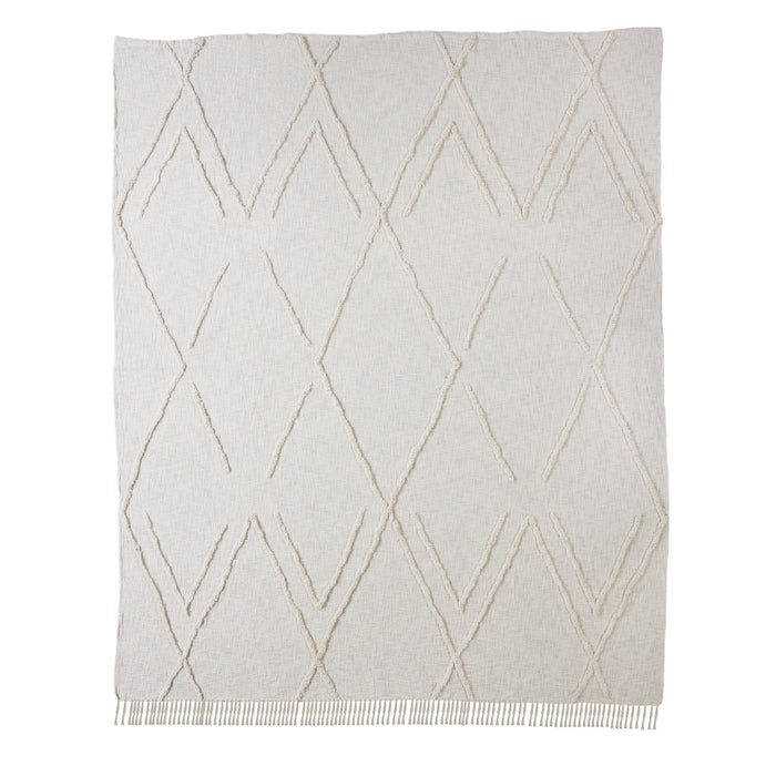 Ivory Geometric Twin Cotton Coverlet With Fringe