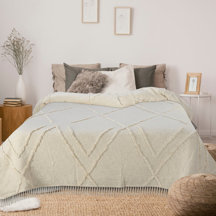 Ivory Geometric Twin Cotton Coverlet With Fringe